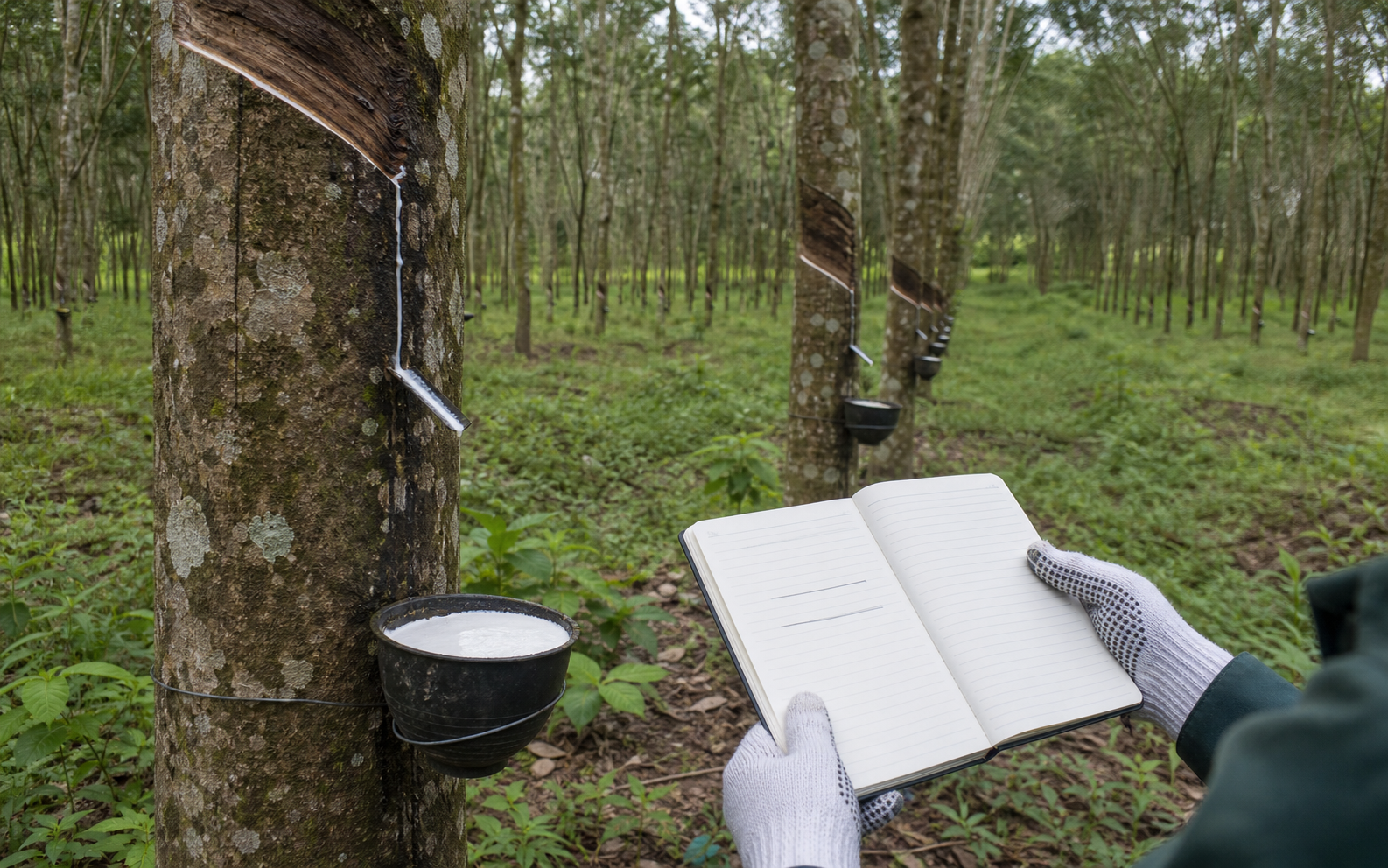Synthetic demonstration of rubber trees, collection cups and a field evidence notebook